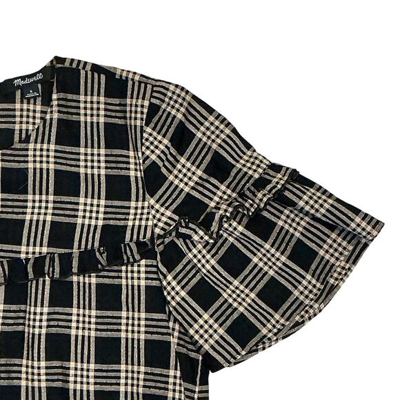 Madewell Metallic Plaid Yoke  Ruffle Trim Short Sleeve Top Brown Women's Small - Picture 4 of 10